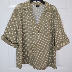Talbots Women's Shirt Size 24 Olive Green White Cane Pattern Button Up Roll Tab